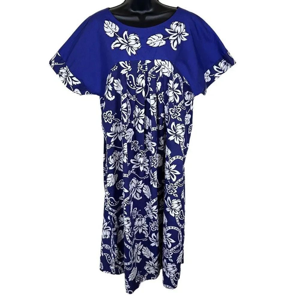 Vintage 100% Cotton Hawaiian Floral Print Midi Dress ￼Size Medium